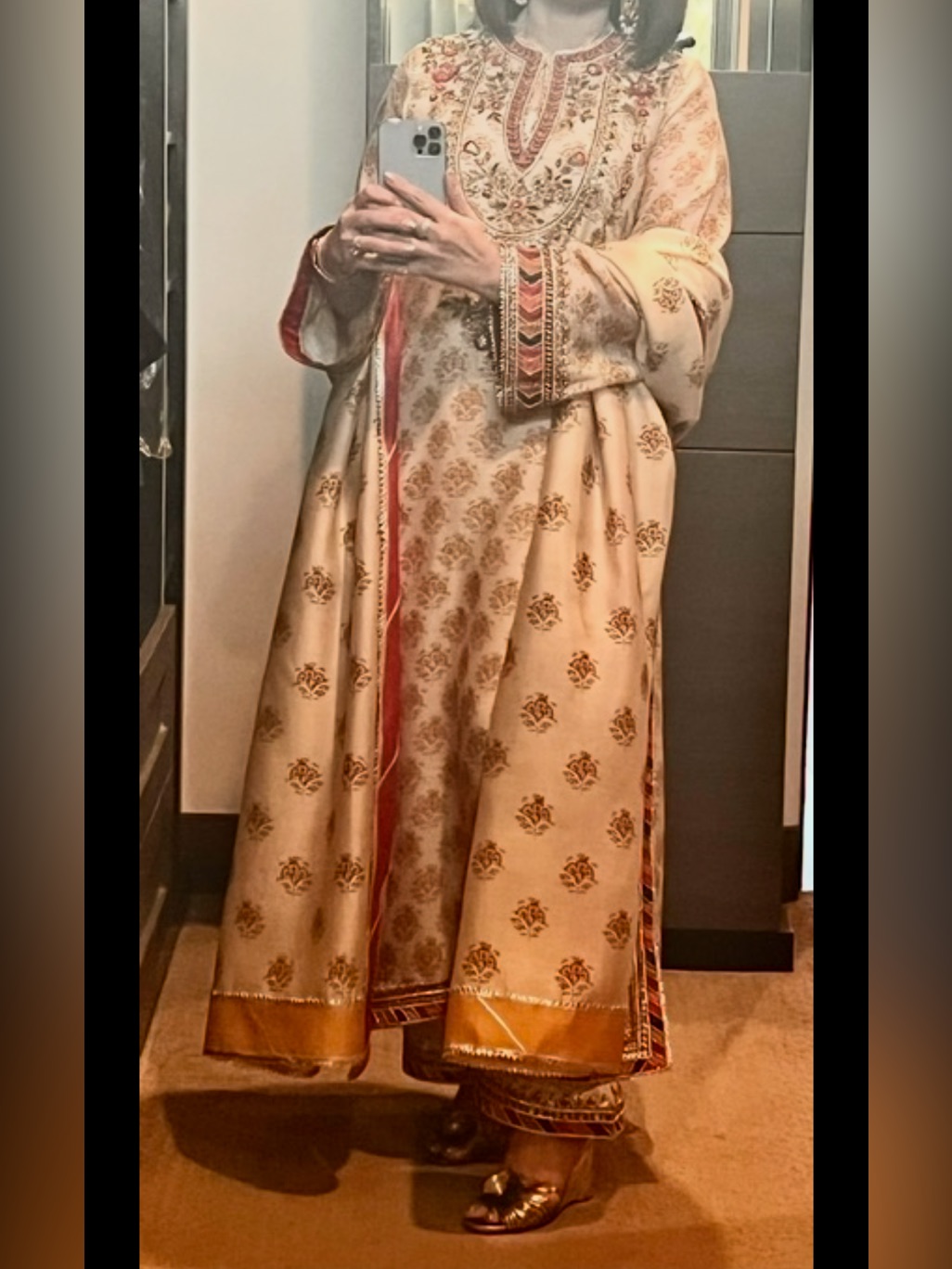 Cream Embroidered Maxi Dress With Gold Accents